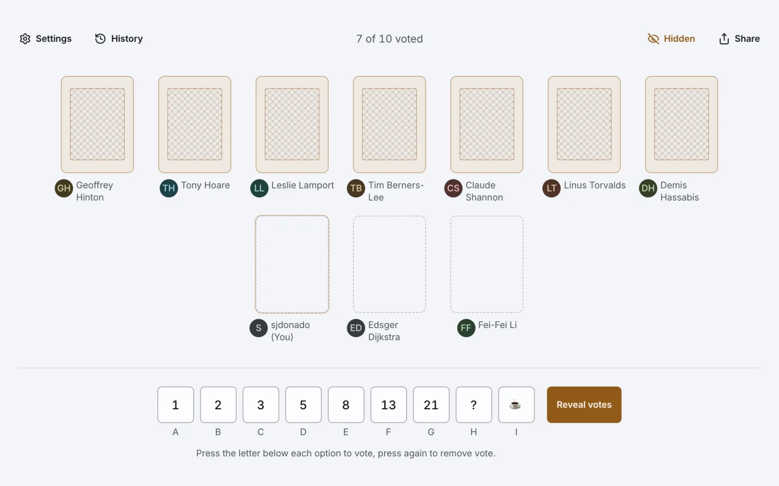 Vote options with the keyboard letter shown under each card