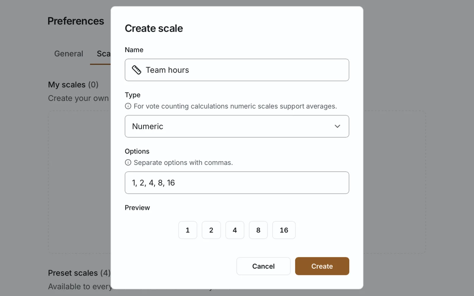The create scale dialog with a name, the scale values and a live preview